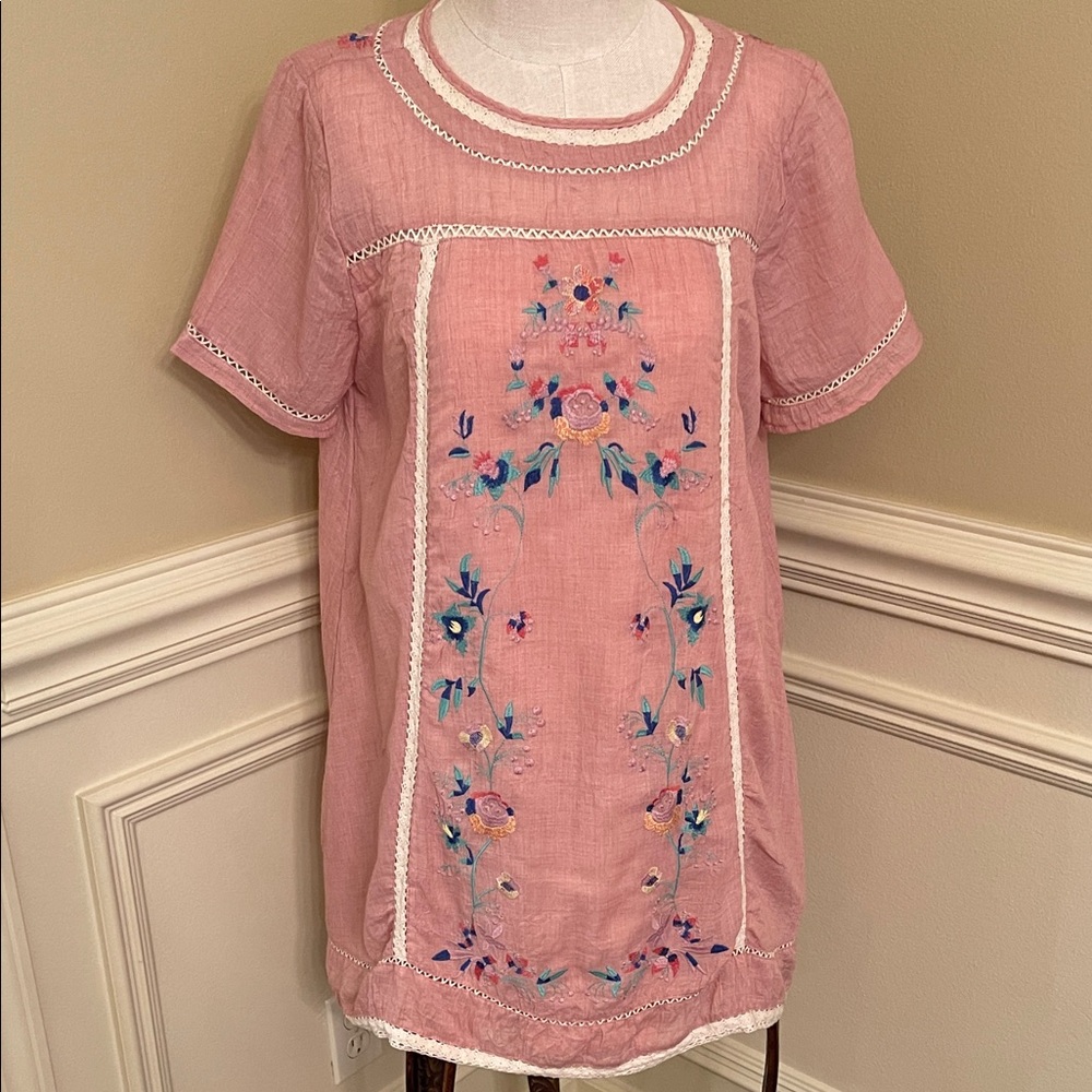 Umgee Blush Embroidered Lace-Trimmed Cotton Dress Fully Lined Size Large